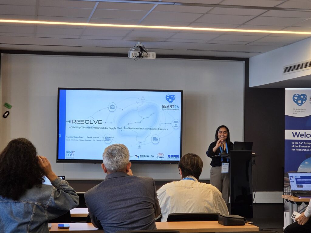 Sagnika Chakraborty presenting ORBIT research on supply-chain resilience at hEART 2026 in Paris.